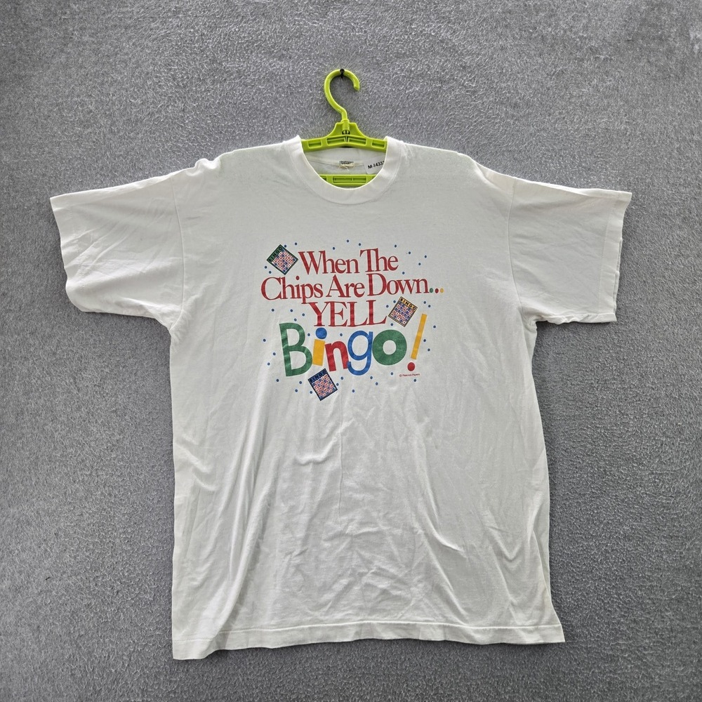 VINTAGE Bingo Men Shirt XL White Single Stitch Screen Stars Peacock Paper 90s